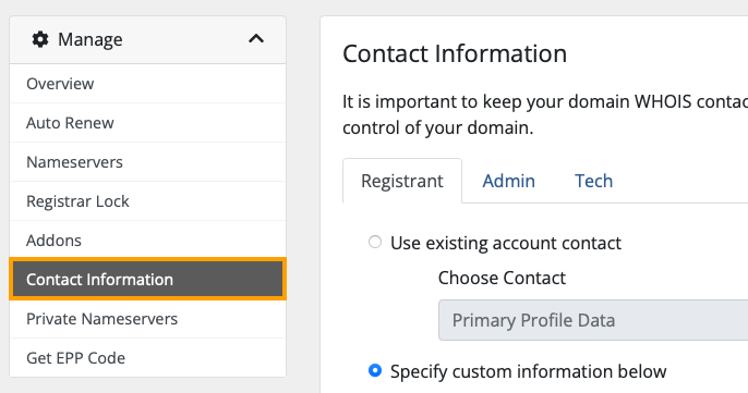 Client area domain contact information link.