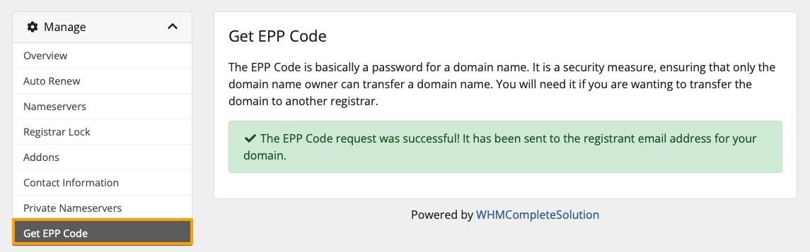 Client area domain get EPP code.