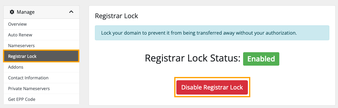 Client area domain registrar lock.