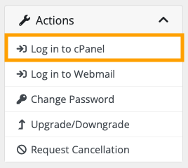 Client Area showing cPanel actions menu